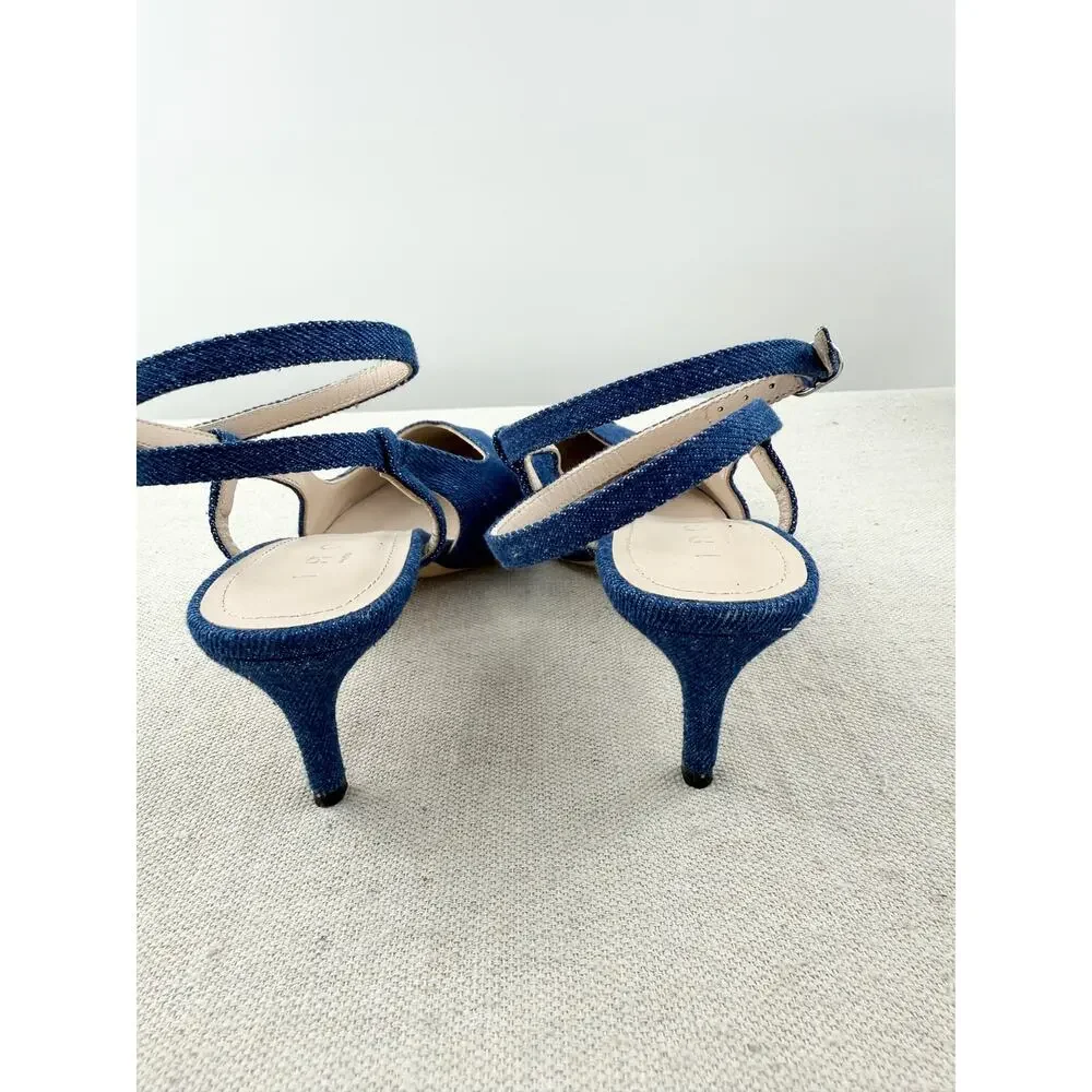 NWOT IRO Paris Denim Cap Toe Mid-Heel Slingback Sandals Blue Silver Womens EU 37
